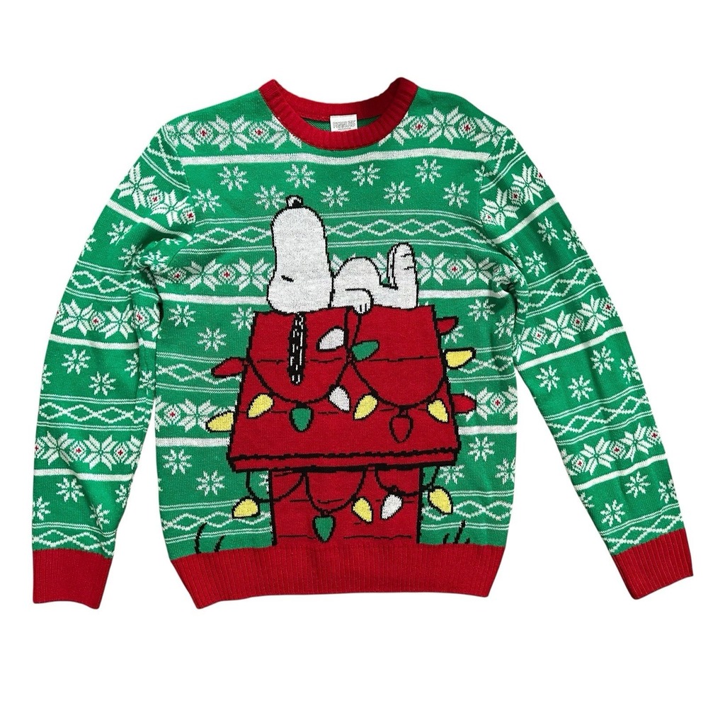 Peanuts Snoopy Doghouse Ugly Christmas Sweater Green Knitted Pullover Men's Sz L